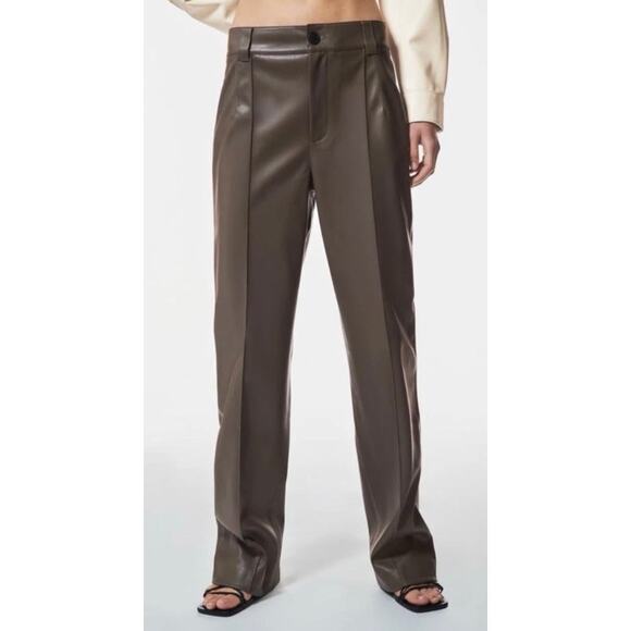 Zara Francoise Trouser Pants Brown Faux Leather Straight Leg Full Length Sz S - Picture 1 of 6
